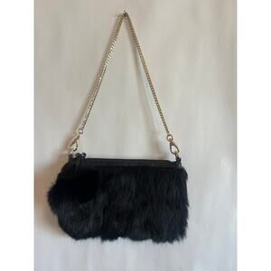 DIANE GAIL LOS ANGELES NATURAL RABBIT FUR CLUTCH PURSE SHOULDER BAG BLACK GOLD